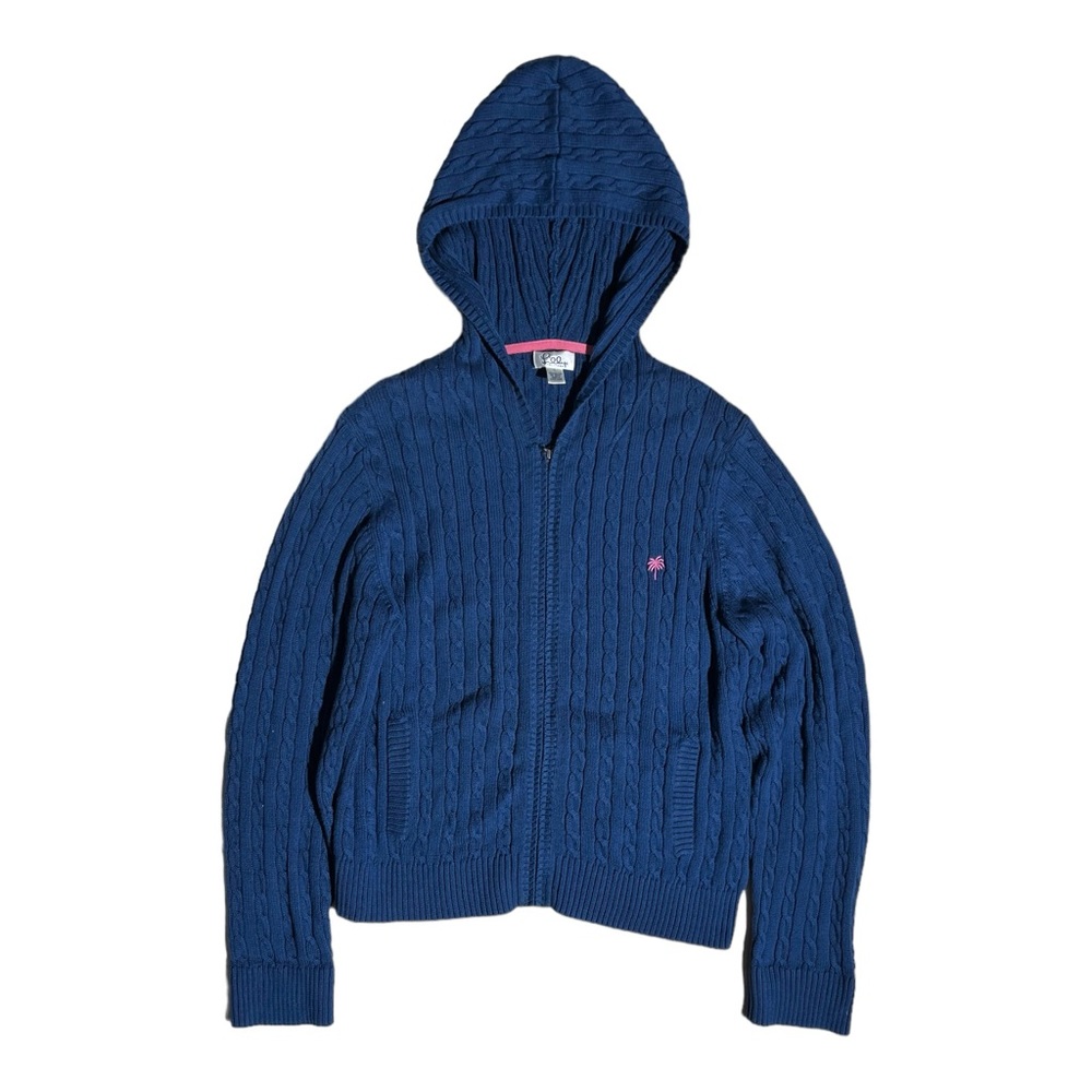 Lilly Pulitzer Navy Cable Knit Zip Hoodie with Pink Logo